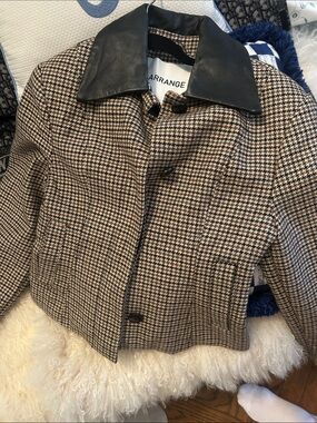 Arranged Women's Brown Houndstooth Blazer with Black Leather Collar